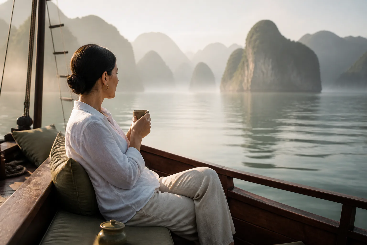 A solo traveller taking in a carefully curated Vietnamese landscape